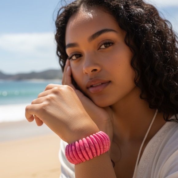 Bright Pink Summer Boho Coastal Vacation Heavy Stone Beach Bracelet - Picture 1 of 5